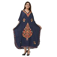 Cotton Kaftan Kashmiri Embroidered Maxi Long Dress for Women