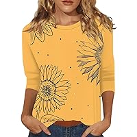 3/4 Sleeve Tops for Women Casual Floral Printed Crewneck T Shirts Loose Fit Solid Three Quarter Length Tunic Top
