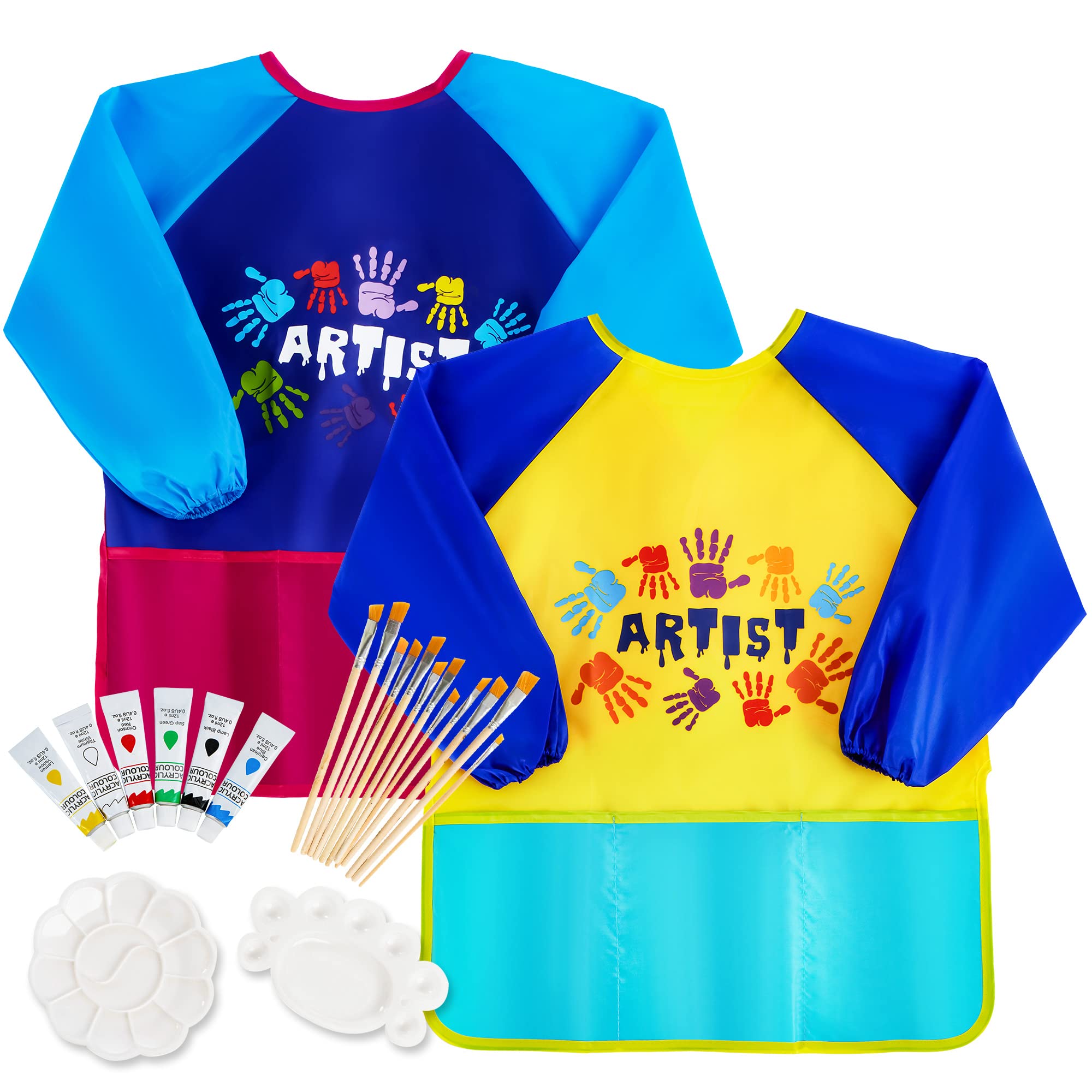 JOYIN 22Pcs Kids Art Smocks and Painting Brush for Kids, Includes 2Pcs Waterproof Artist Painting Aprons with 3 Pockets 12 Paint Brushes, Arts & Crafts for Toddlers and Kids, Christmas Gifts for Kids