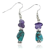 $60Tag Certified Silver Navajo Hooks Natural Turquoise Amethyst Native Earrings 18055 Made By Loma Siiva