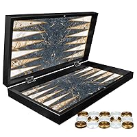 LaModaHome 19'' Turkish Grey Marble Backgammon Set, Wooden, Board Game for Family Game Nights, Modern Elite Vinyl Unscratchable Tavla for Adults and Couples, Magnetic Closing Meachanism