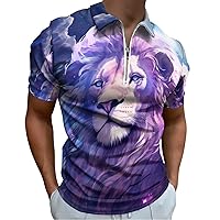 Purple Lions in Space Men's Zippered Polo Shirts Short Sleeve Golf T-Shirt Regular Fit Casual Tees