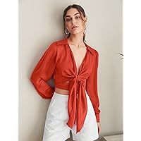 Womens Summer Tops Tie Front Bishop Sleeve Blouse (Color : Orange, Size : Small)