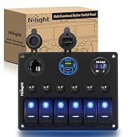 Nilight 6 Gang Rocker Switch Panel Waterproof Pre-Wired Aluminum Panel with PD Type C and USB Cigarette Lighter Socket Voltmeter 12V 24V ON Off Switch Panel for Car Trucks Boats RVs, 2 Years Warranty