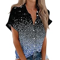Homewear Short Sleeve Classic Tunic Ladies Oversized Winter V Neck Button Top Softest Polyester Printing Blue M
