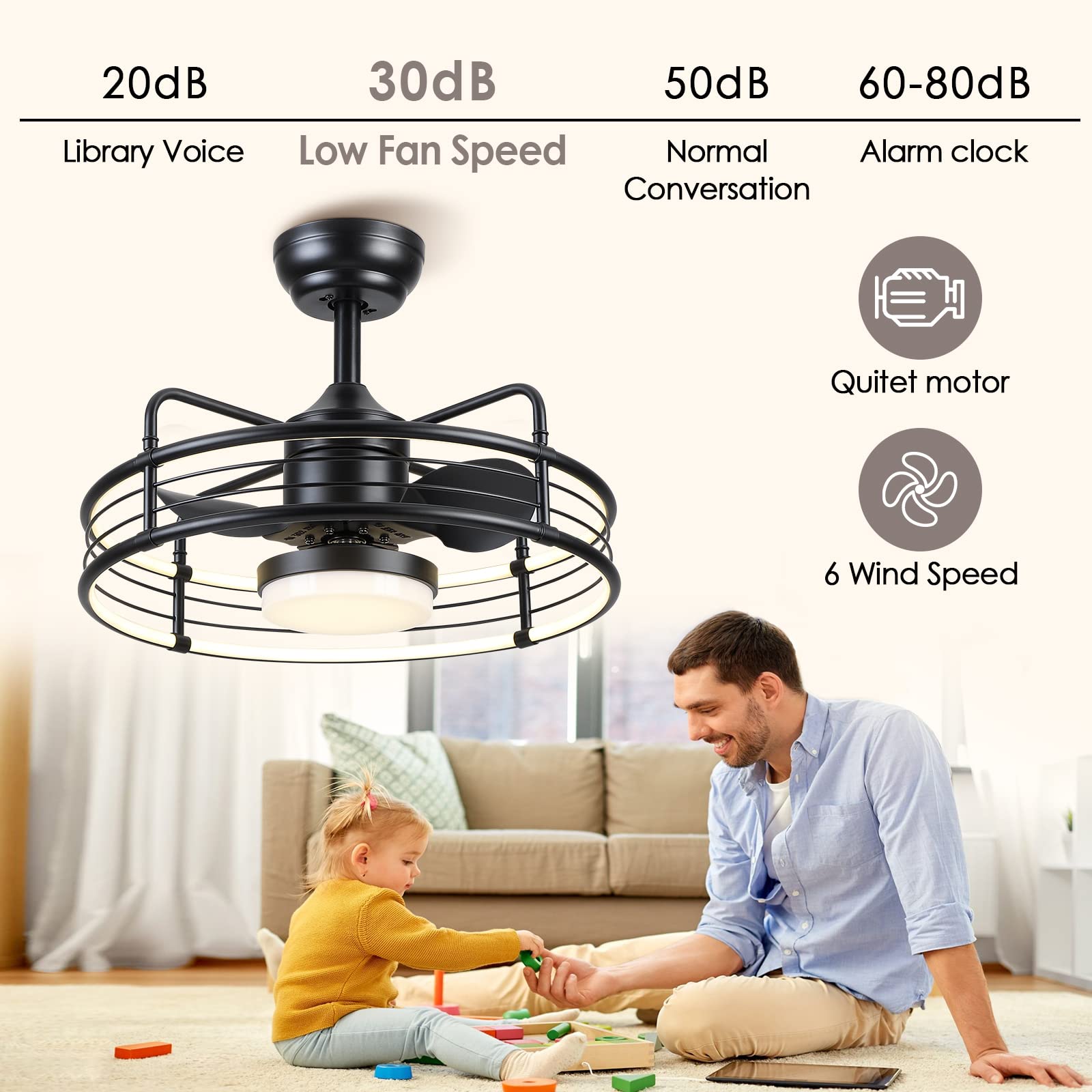 Asyko Caged Ceiling Fan with Light - Bladeless Black Ceiling Fans with Remote, Reversible and Dimmable, Low Profile Flush Mount Ceiling Fan with 6-Speed, Enclosed Led Fan Light for Bedroom, Kitchen…