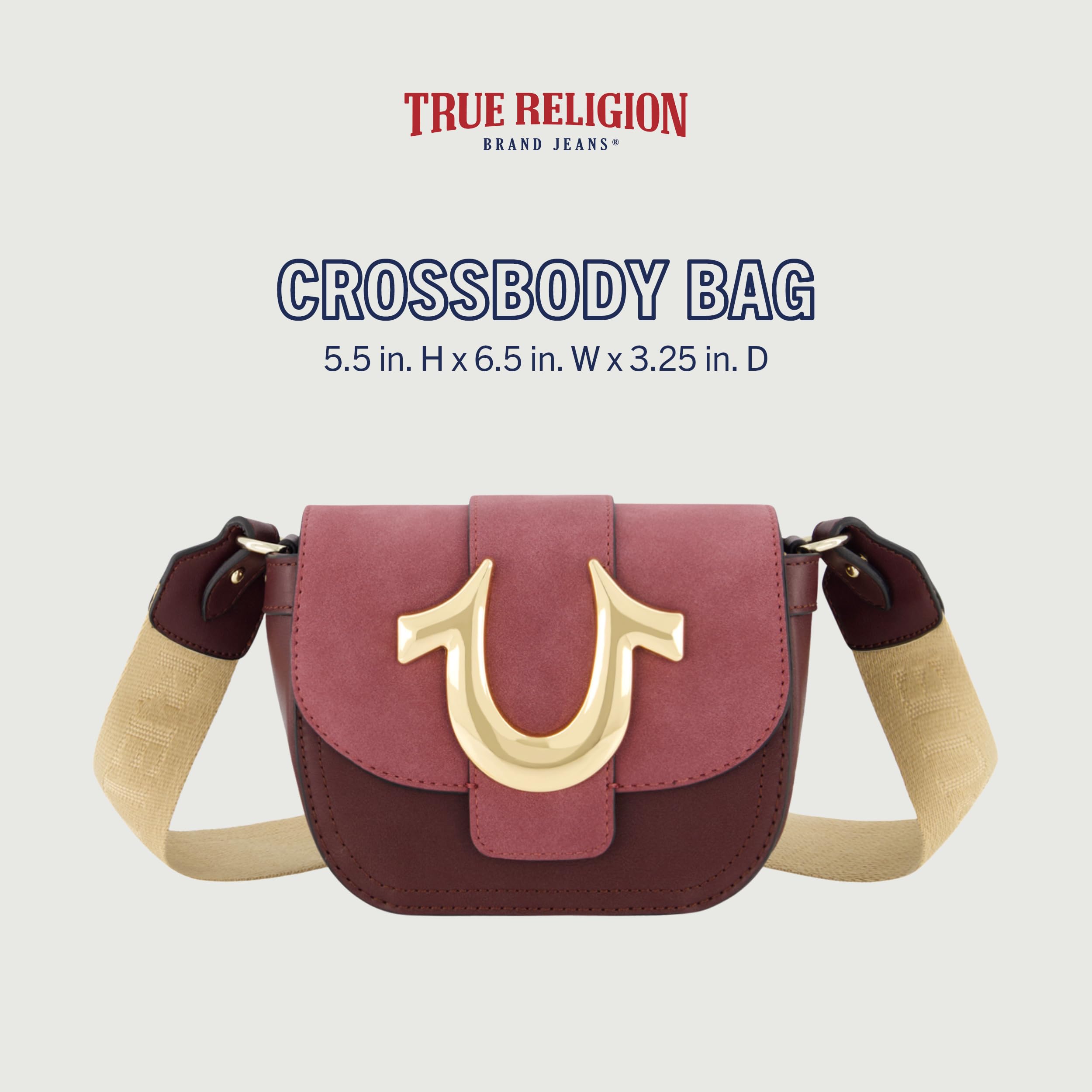 True Religion Women's Crossbody Bag, Suede Mini Flap Adjustable Shoulder Handbag with Horseshoe Logo, Wine