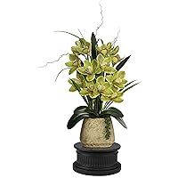 Potted Faux Artificial Flowers Realistic Green Cymbidium Orchid in Matte Ceramic Pot with Black Round Riser for Home Decor Living Room Office Bedroom Bathroom 21 1/2