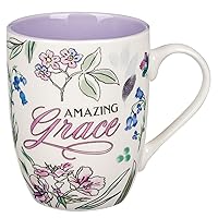 Inspirational Ceramic Coffee & Tea Mug for Women: Amazing Grace, Cute Encouraging Lead-free Microwave & Dishwasher Safe Drinkware, White & Lavender Purple Multicolor Floral, 12 oz.