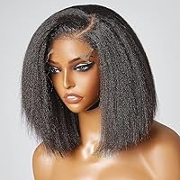 4C Kinky Edges Human Hair Short Bob Yaki Wigs Pre Plucked Brazilian Remy Human Hair HD Transparent Lace Short Bob Wigs 13X6 Lace Front Wigs with Curly Baby Hair For Woman 150% Density Kinky Wigs