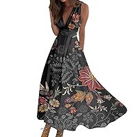 Summer Dresses for Women 2024 Floral Print Beach Dress Elegant Flowy Sundresses Sleeveless Wrap V Neck Maxi Dress