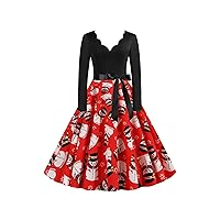 EFOFEI Women's V Neck Print Christmas Dresses Retro Audrey Hepburn Dresses Vintage Long Sleeve Swing Dress