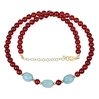 Red Onyx & Aquamarine Gemstone Beads Handmade Necklace in 925 Silver with Yellow Gold Plated Chain 18 Inches