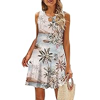 Sun Dresses for Women Casual Hawaii Print Fashion Sexy Slim Fit with Sleeveless Halter Kehole Neck Summer Dress