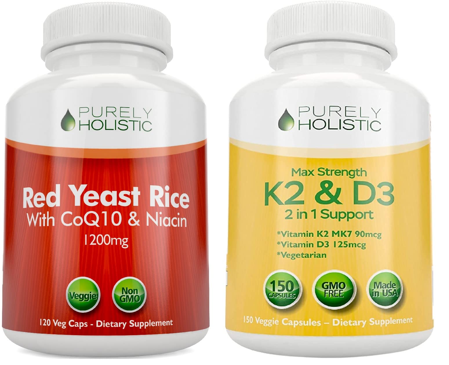 Purely Holistic Red Yeast Rice 1200mg with CoQ10 & Niacin + Vitamin D3 5000 IU (125mcg) & K2 MK7 90mcg Bundle - 270 Vegetarian Capsules - Made in USA