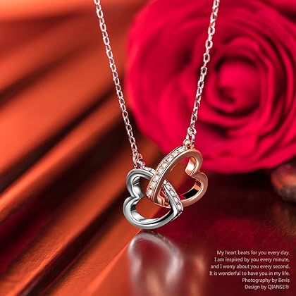 QIANSE Necklace for Women, Love Heart Jewelry for Women Necklace 5A Cubic Zirconia, Rose Gold Women Necklace Jewelry Gifts for Women Girls Girlfriend Anniversary Jewelry for Her