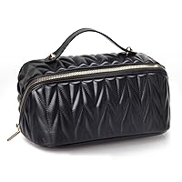 Leather Travel Makeup Bag, Large Capacity Cosmetic Bags for Women, Toiletry Bag with Waterproof Interior Pocket, Make up Organizer with Divider and Handle