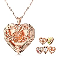 SOULMEET 10K 14K 18K Solid Rose Gold Heart Rose Locket That Holds 3/5 Pictures Personalized Locket Necklace Gift for Mother's Day