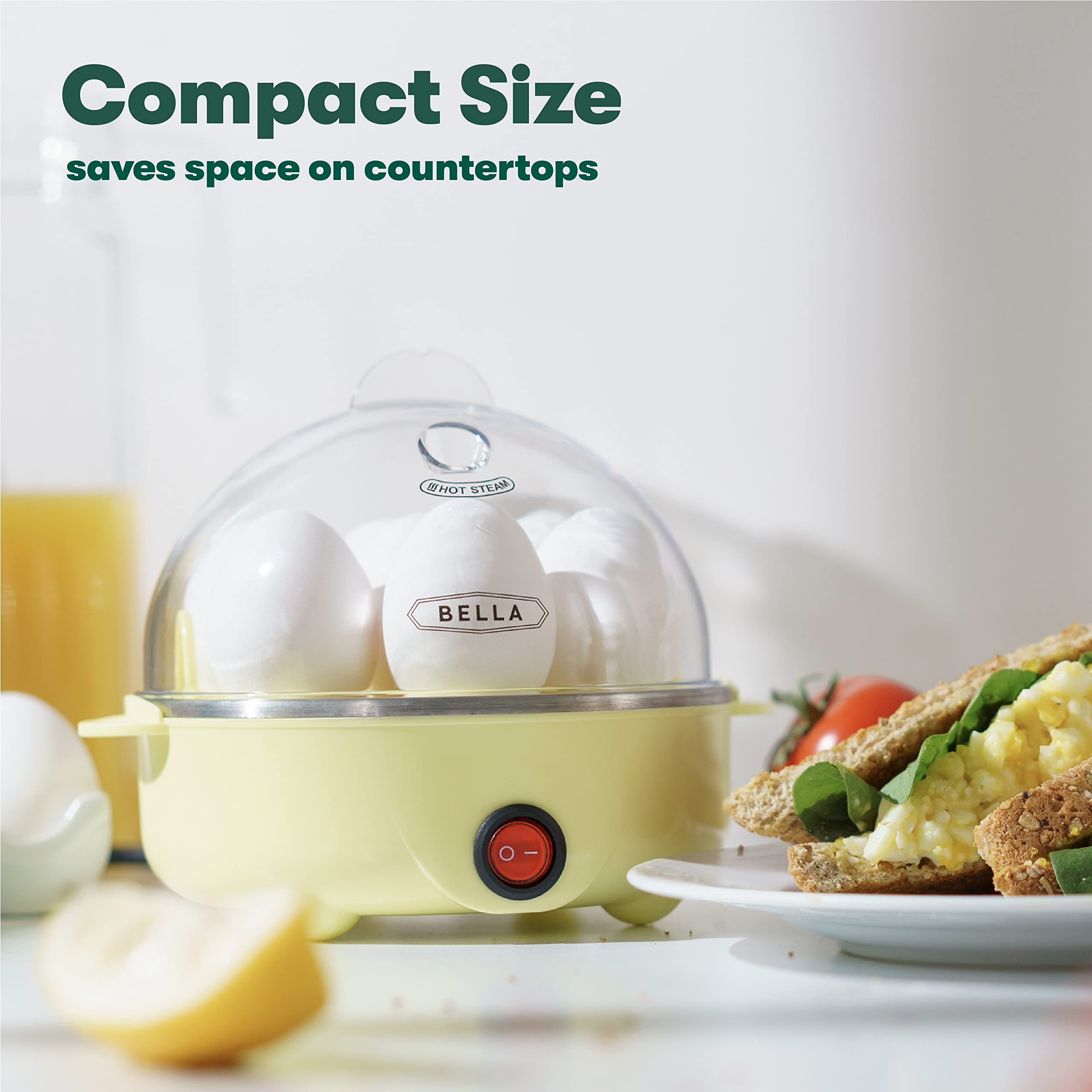 BELLA Rapid Electric Egg Cooker and Poacher with Auto Shut Off for Omelet, Soft, Medium and Hard Boiled Eggs - 7 Egg Capacity Tray, Single Stack, Yellow