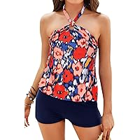 GRACE KARIN Tankini Bathing Suits for Women Two Piece Swimsuit with Shorts Halter Tie Up Neck Backless Floral Print Swimwear