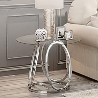 O&K FURNITURE Silver End Table for Living Room, Glass Nightstand for Bedroom, Modern Round Glass Side Table with Metal Frames for Home&Office, Chrome Finish, 1 PC
