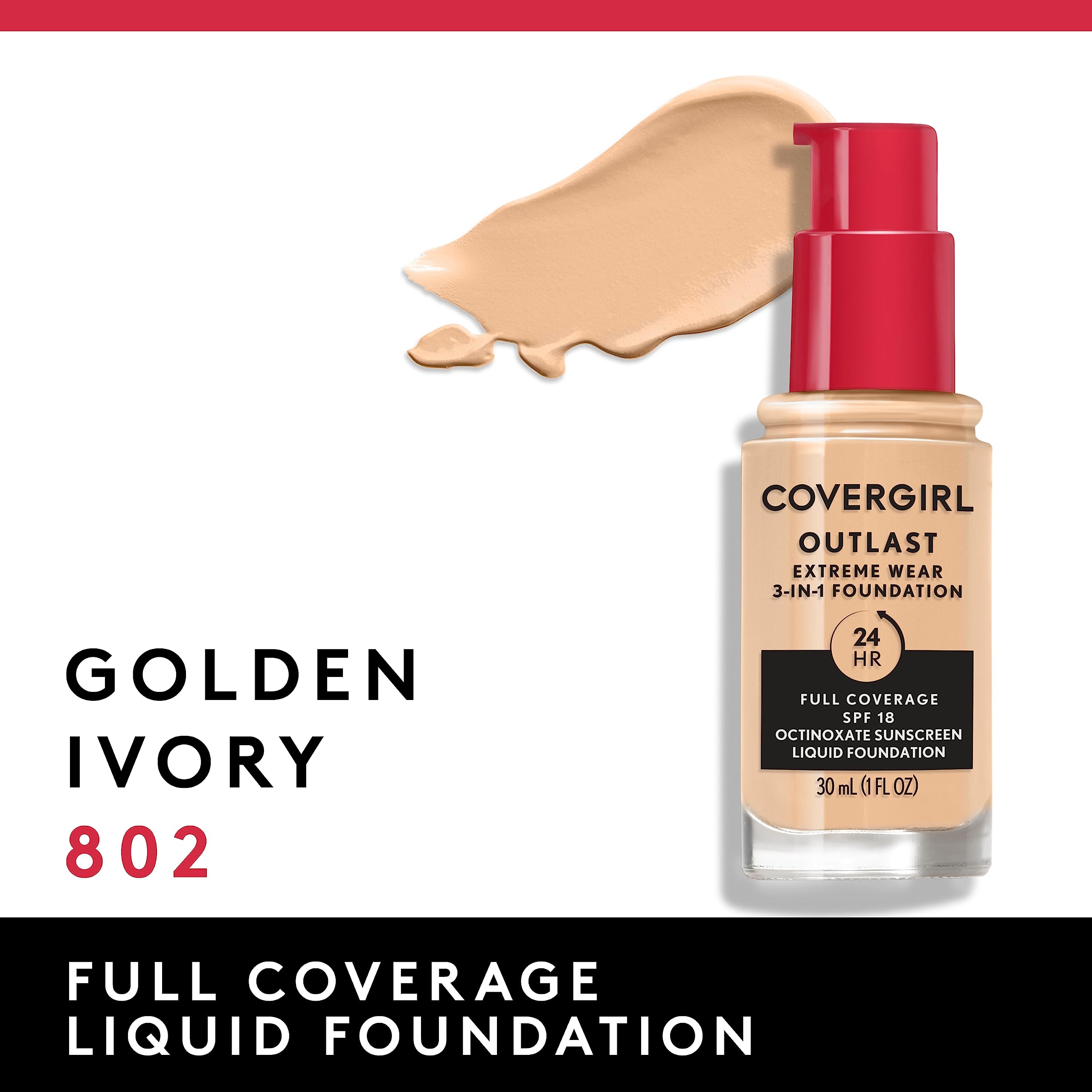 Covergirl Outlast Extreme Wear 3-in-1 Full Coverage Liquid Foundation, SPF 18 Sunscreen, Golden Ivory, 1 Fl. Oz.