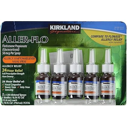 KIRKLAND SIGNATURE Aller-Flo Fluticasone Propionate (Glucorticoid) 5 Bottles x 120 Metered Sprays .54 Fl OZ per Bottle (15.84 mL x 5) 2.70 OZ Total (79.0 mL Total) 600 Total Sprays Total, 1-Pack