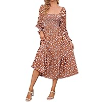 Women Casual Fashion Autumn Winter Small Floral Print Dress Chiffon Long Sleeve Skirt Pleated High Waist Midi Dresses