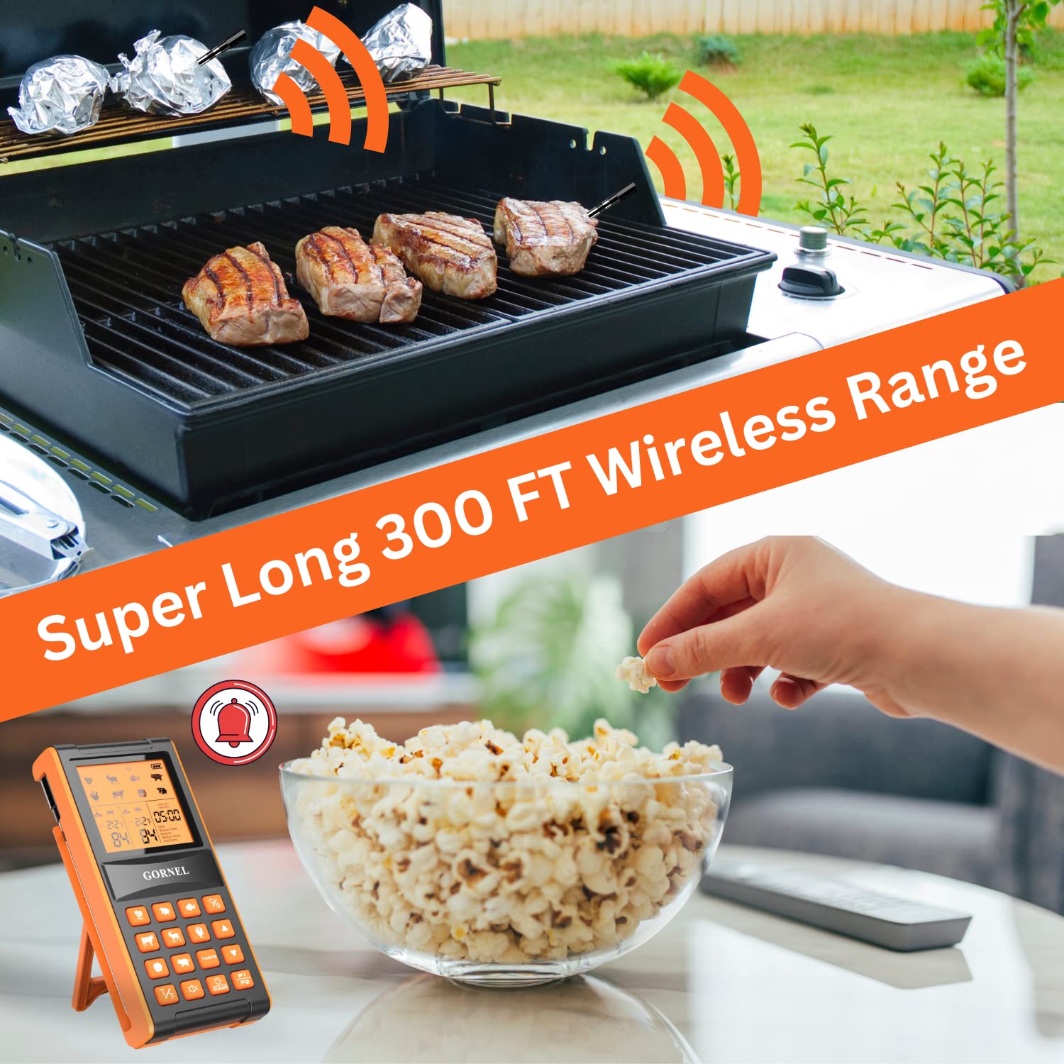 GORNEL Wireless Meat Thermometer – Digital Cooking Thermometer with 2 Probes – 300Ft Remote Range Food Thermometer – IP65 Waterproof Probes – Preprogrammed Temperatures - Ideal for BBQ, Oven, Grill