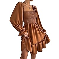 Women's Lantern Sleeve Elastic Waist Dress One Shoulder Collar Casual Loose Flowing Shift Dress