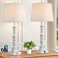 27.5'' Farmhouse Table Lamps Set of 2, Rustic Bedroom Lamps for Nightstand with Dual USB Charging, White Traditional Bedside Desk Lamps with Vintage Beige Fabric Shade for Living Room Kids Study Room