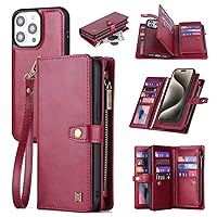 for iPhone 15 Pro Max Wallet Case with Card Holder,Faux Leather Phone Case for Women Men,Magnetic,Kickstand,Wrist Strap,Zipper(Red)