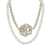 Designer Inspiration Long Double Pearl Strand Layered Camellia Flower Collar Necklace for Women, Dainty Magnolia Rose Charm Necklace for Party, Vintage Costume Jewelry