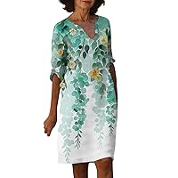 Pub Short Sleeve Mini Dress Ladies Classic Fathers Day Button Up V Neck Tunic Dress Women Printed Comfy Thin Turquoise XXL