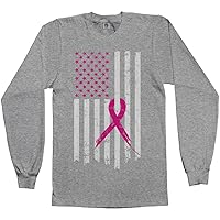 Threadrock Men's Pink Ribbon Breast Cancer Awareness Flag Long Sleeve T-Shirt
