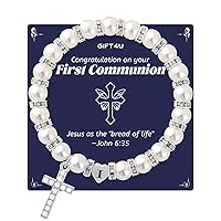 First Communion Gifts for Girls - Initial Heart Cross Charm Bracelet A-Z Pearl Bracelet, Confirmation Gifts for Girls Catholic, Teen Girls First Communion Gifts