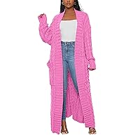 LAJIOJIO Pink Long Sleeve Open Front Sweater Cardigan Cable Knit Trendy Chunky Coat Outwear with Pockets