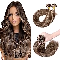Hairro U Tip Hair Extensions Human Hair 16 Inch Medium Brown Highlighted Honey Blonde Pre Bonded Keratin Fusion Nail Utip Real Remy Human Hair Extension For Women 50 Strands 50G/Pack