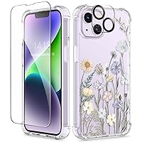 GVIEWIN for iPhone 14 Case Floral, with Screen Protector + Camera Lens Protector, [Non Yellowing] Soft Shockproof Clear Phone Protective Cover for Women, Flower Pattern Design 6.1