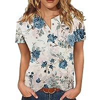 2024 Blouses for Women Dressy Casual,Women's Fashion Short Sleeve Floral Print V Neck Button Collar Tops Trendy