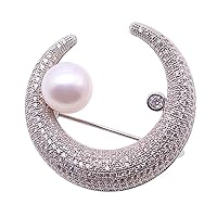 Moon-style White Freshwater Pearl Brooches Pins Silver-tone