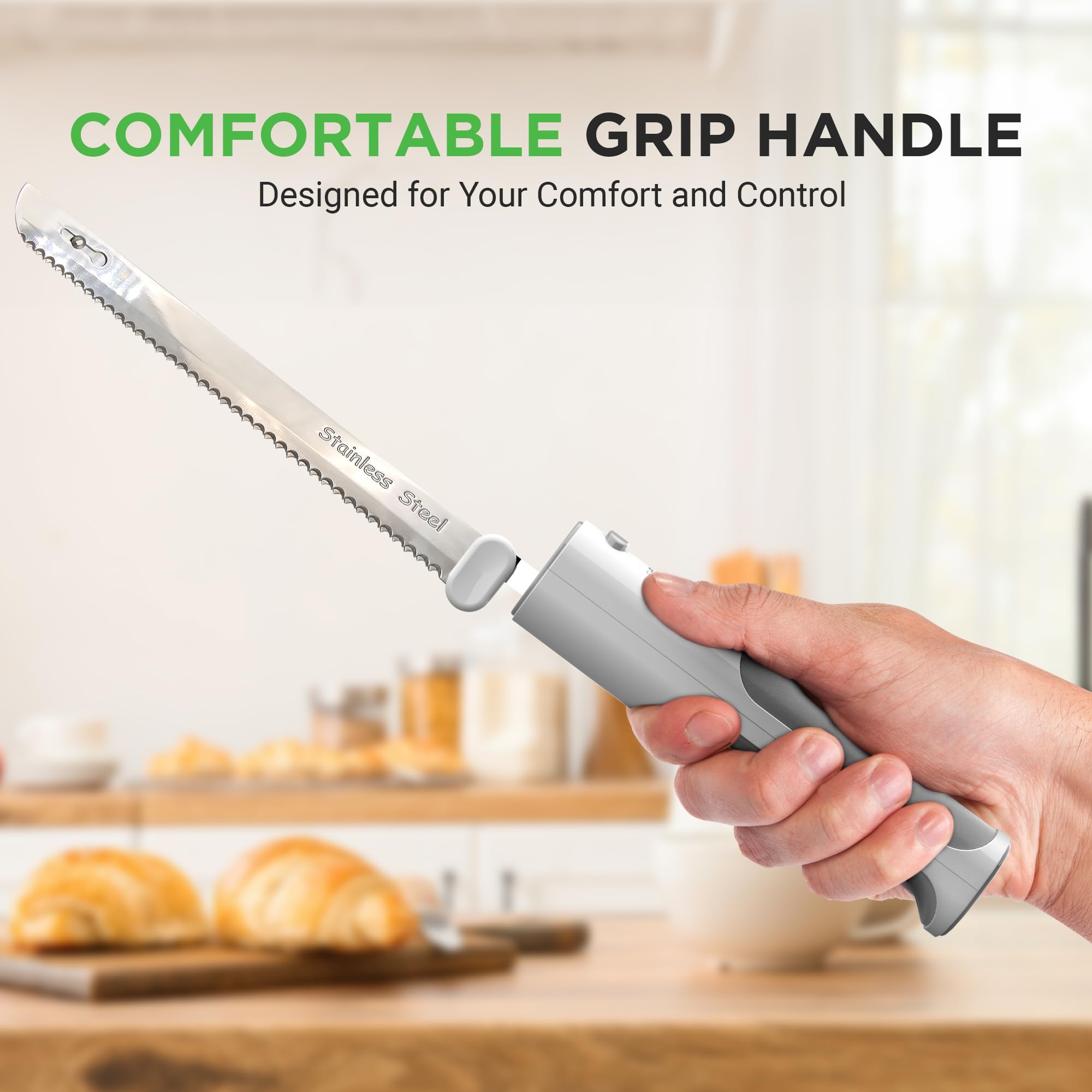 NutriChef Cordless Electric Knife | Easy to Use Constant ON/OFF Safety Function Button | Carve Turkey, Meats, Poultry, Bread, Cheese & More | Lightweight with Contoured Grip Handle (White & Grey)