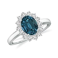 Natural London Blue Topaz Princess Diana Halo Ring for Women Girls in Sterling Silver / 14K Solid Gold/Platinum