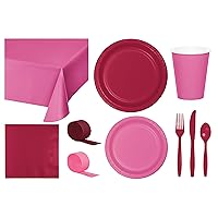 Baxters Party Bundle Bulk, Tableware for 24 People Candy Pink and Burgundy, 2 Size Plates Napkins, Paper Cups Tablecovers and Cutlery, Box of 199