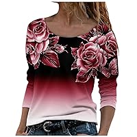 T Shirts for Women Floral Pattern Printing Tee Tops Long Sleeves Crewneck Party Blouses T-Shirts Fashion Leisure Tunics