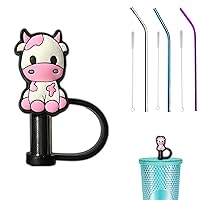 Cute Cows Drink Pen Tips Straw Toppers With Free Reusable Cute Straws & Brush, Pink Silicone Covers Plugs Caps Made For Hydroflask Stanley Tumbler Cups Gift Decoration Spill Proof Protector Charms 8mm