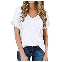 Beach Wear for Women 2023, Women's Fashion Spring/Summer V-Neck Pocket T-Shirt with Rolled Short-Sleeved Loose Top