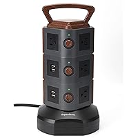 Power Strip Tower - SUPERDANNY Surge Protector Vertical Charging Station with 10 Outlets 4 USB Ports, 6.5ft Retractable Extension Cord Desktop Plug Bar with Wood Grain for Home Office Dorm Room Hotel