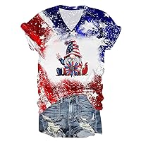 4th of July Shirts Women Patriotic T-Shirt Vintage Cute Gnomes V Neck Bleached Blouse Short Sleeve Tie Dye Tee Tops