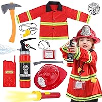 Fireman Costume for Kids, 10 Pcs Firefighter Costume with Toy Accessories Set, Fireman Role Play Outfit Toys, Kids Fireman Dress Up Clothes, Halloween for Boys Toddlers Ages 3 4 5 6 7